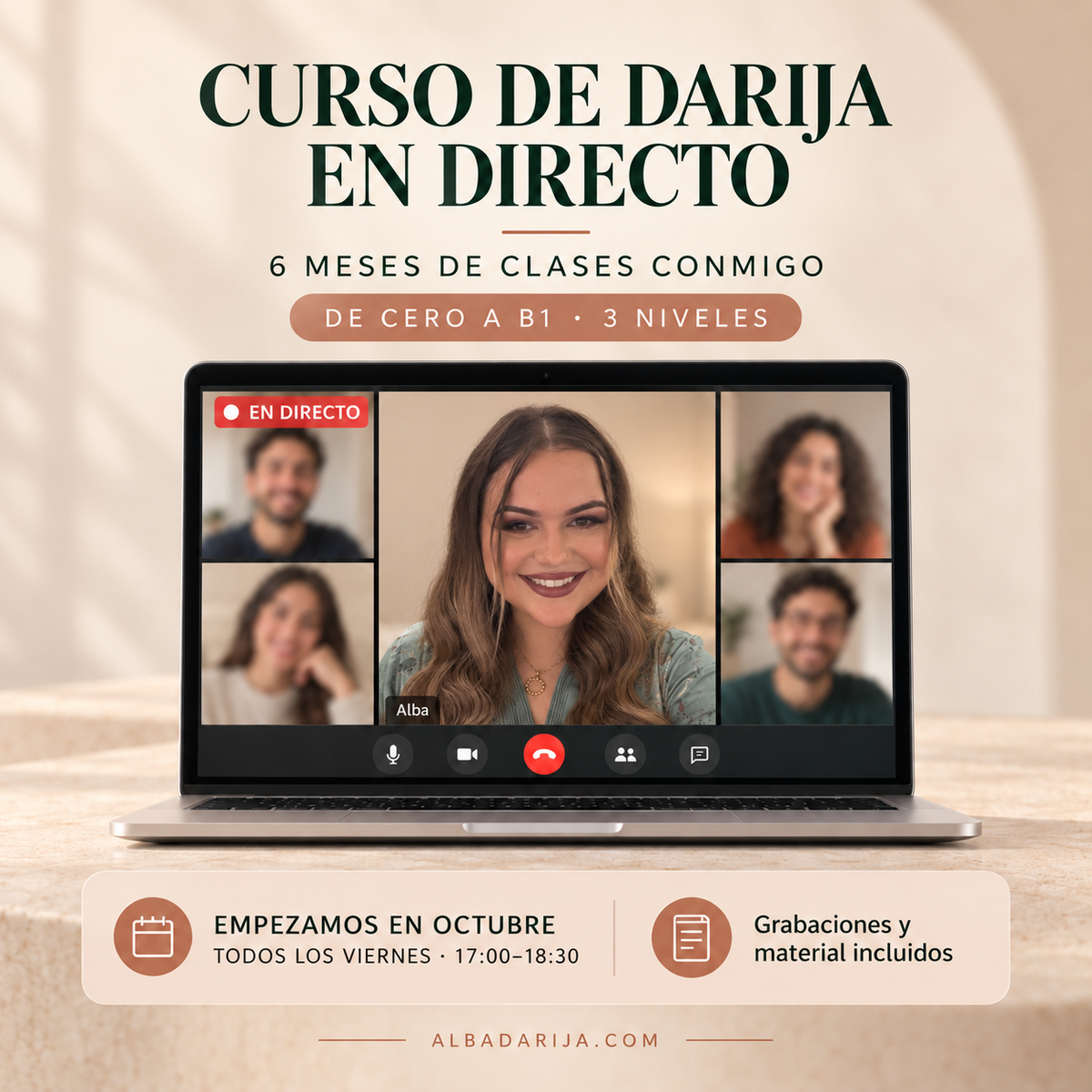 Curso de Darija en Directo con Alba — 6 Meses · De Cero a B1
